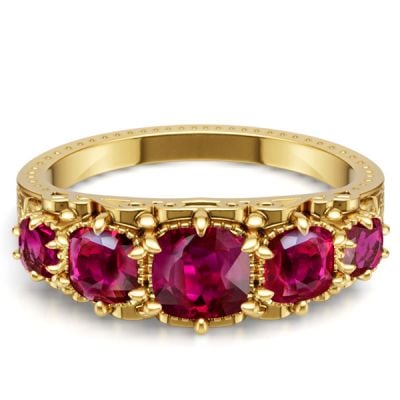 Italo Golden Filigree Antique Cushion Cut Ruby Ring Five Stone Wedding Band Ring