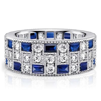Italo Milgrain Bezel Blue & White Sapphire Round Cut Eternity Band