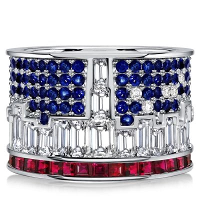 Italo New York Skyline Ruby & Blue Sapphire Wedding band For Women