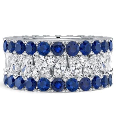 Italo Multi Row Marquise & Round Cut White & Blue Sapphire Wedding Band For Women