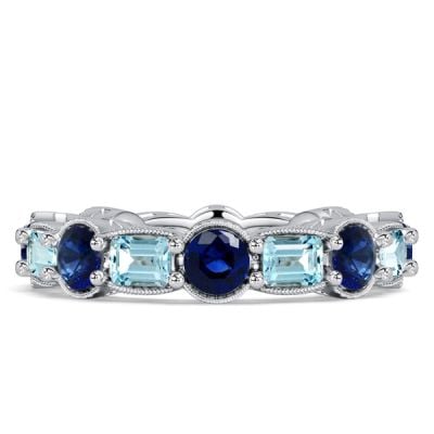 Italo Bezel Emerald Cut Blue Sapphire Aquamarine Eternity Band For Women