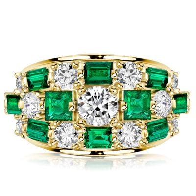 Italo Triple Row Round & Asscher Cut Emerald Green Wedding Band For Women