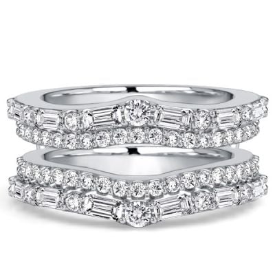 Italo Double Row Baguette & Round Cut Ring Guard Enhancer Wedding Band For Women