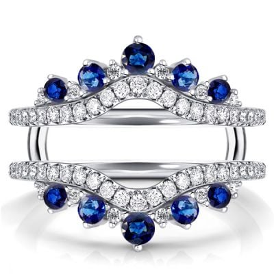 Italo Crown Blue & White Sapphire Ring Guard Enhancer Wedding Band For Women
