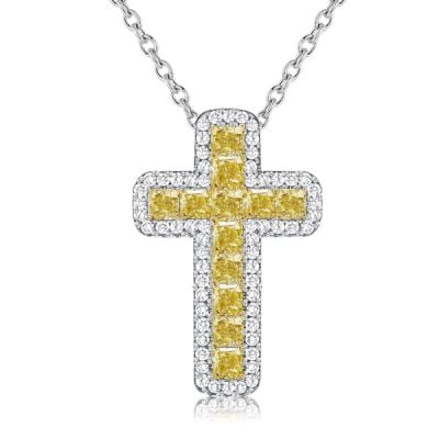 Italo Yellow Topaz Cushion Cut Cross Necklace In Sterling Silver