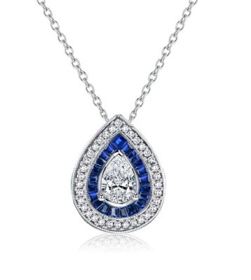 Italo Double Halo Pear Cut Blue & White Sapphire Pendant Necklace