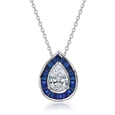 Italo Pear Cut Blue Sapphire Necklace Halo Pendant Necklace