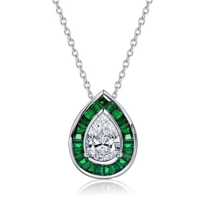 Italo Pear Cut Emerald Sapphire Necklace Halo Pendant Necklace
