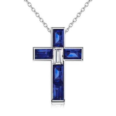 Italo Bezel Baguette Cut Blue Sapphire Necklace Cross Necklace