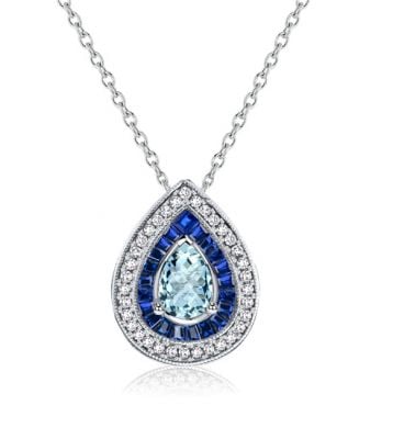 Italo Double Halo Pear Cut Blue Sapphire Aquamarine Necklace For Women