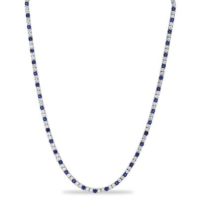 Italo 3 MM White & Blue Sapphire Round Cut Tennis Necklace For Women