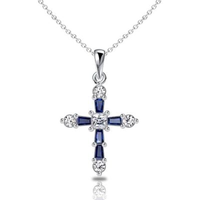 Italo Tap Baguette Cut Blue Sapphire Cross Necklace For Women