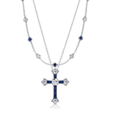 Italo Bezel Set White & Blue Sapphire Cross Layering necklaces For Women