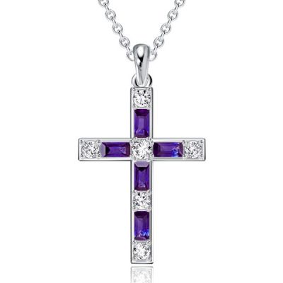 Italo Baguette Cut Amethyst Silver Cross Necklace For Women