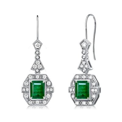 Art Deco Emerald Cut Emerald Sapphire Drop Earrings For Women