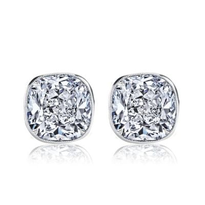 Italo Milgrain Bezel White Sapphire Cushion Cut Stud Earrings