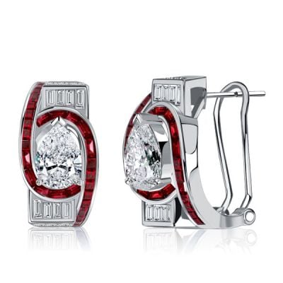 Italo Art Deco Pear Shaped Ruby Sterling Silver Hoop Earrings