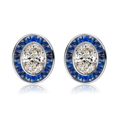 Italo Art Deco Oval Cut Blue Sapphire Stud Earrings For Women