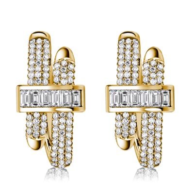 Italo Golden Micro Pave Round & Baguette Cut Unique Hoop Earrings For Women