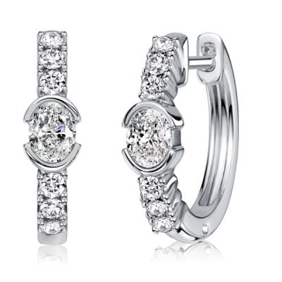 Italo Half Bezel Oval Cut White Sapphire Hoop Earrings For Women