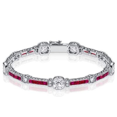 Italo Milgrain Ruby & White Cushion Tennis Bracelet For Women With Filigree