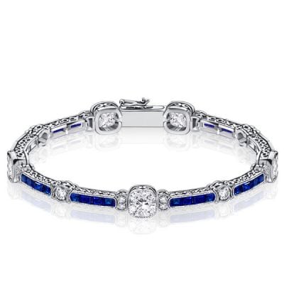 Milgrain Cushion White & Blue Sapphire Tennis Bracelet In Silver With Filigree