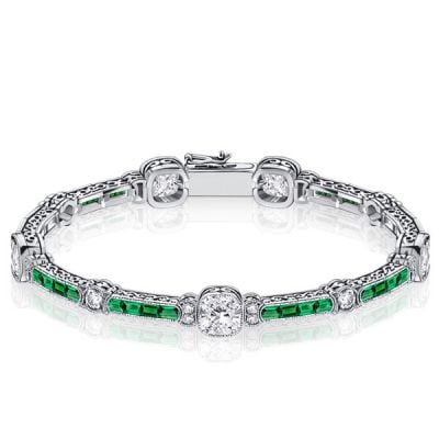 Milgrain White & Emerald Tennis Bracelet In Sterling Silver With Filigree
