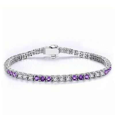 Italo Round Cut Amethyst & White Tennis Bracelet In Silver