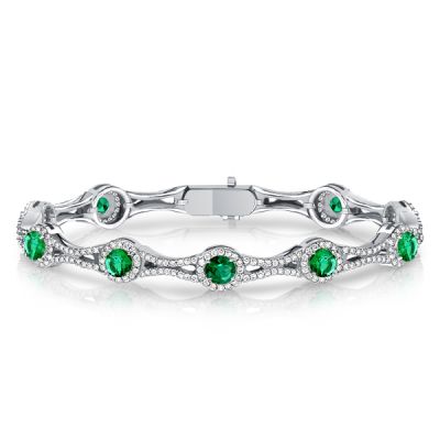 Italo Halo Round Cut Emerald Green Bracelet In Sterling Silver