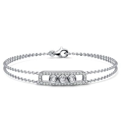 Italo Bezel Set Three Stone Decorated Double Chain Bracelet For Women