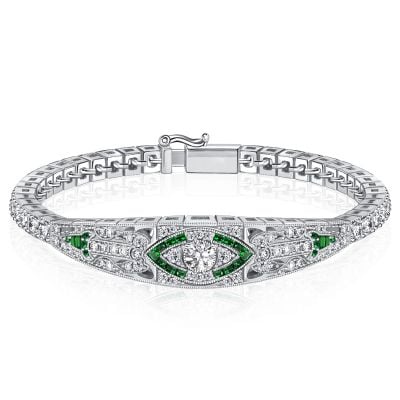 Italo Art Deco Emerald Sapphire Tennis Bracelet In Sterling Silver