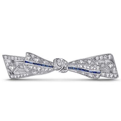 Italo Vintage Blue & White Milgrain Bow Silver Brooch For Women