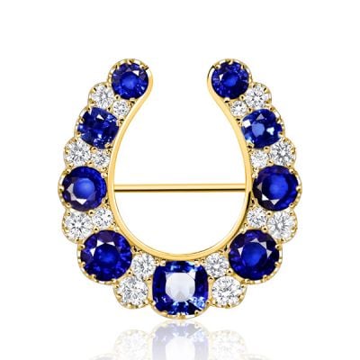 Golden White & Blue Sapphire Vintage Brooch Horseshoe Brooch