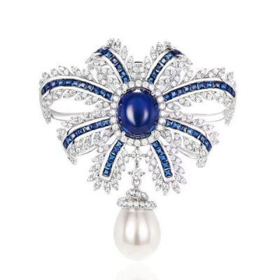 Italo Bow Design Oval Cut Blue Sapphire Vintage Brooch For Women