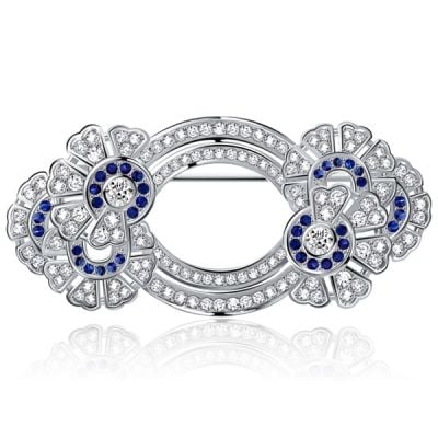 Italo Double Circle Round Cut White & Blue Sapphire Vintage Brooch For Women