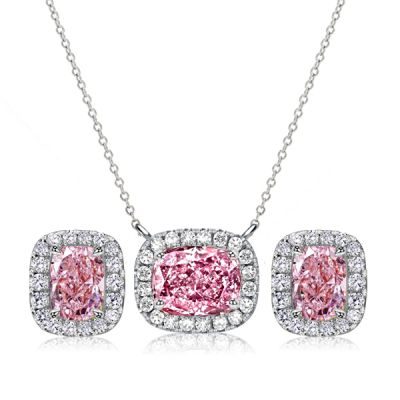 Italo Pink Stone Cushion Cut Halo Necklace & Earrings Jewelry Set
