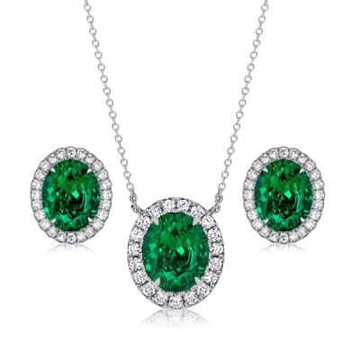 Italo Oval Green Emerald Sapphire Halo Necklace & Earrings Jewelry Set