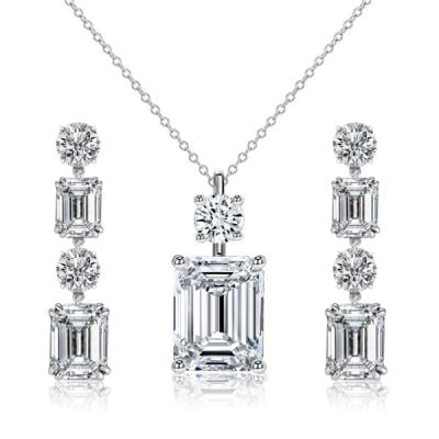 Italo White Sapphire Emerald Cut Necklace & Drop Earrings Jewelry Set