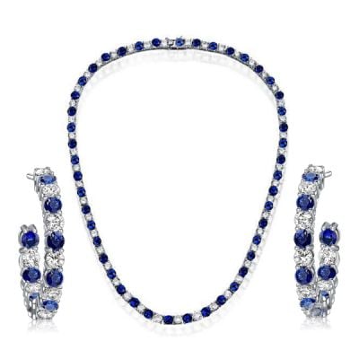 Italo White & Blue Sapphire Tennis Necklace & Hoop Earrings Jewelry Set