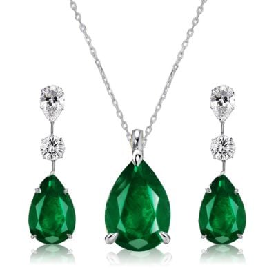 Italo Pear Shaped Emerald Sapphire Necklace & Earrings Jewelry Set