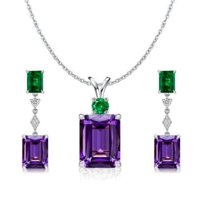 Italo Emerald Cut Amethyst Necklace & Drop Earrings Jewelry Set