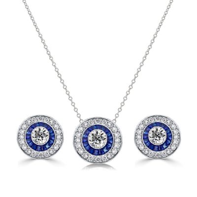 Italo Blue Sapphire Vintage Halo Necklace & Earrings Set