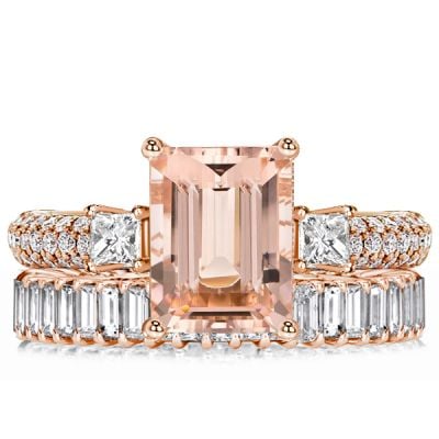 Italo Rose Gold Morganite Emerald Cut Wedding Ring Set Bridal Set