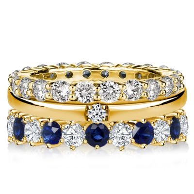 Italo Golden Round Cut White & Blue Sapphire Stackable Band Set