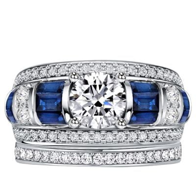 Italo Baguette & Round Blue & White Sapphire Bridal Set Wedding Band Ring