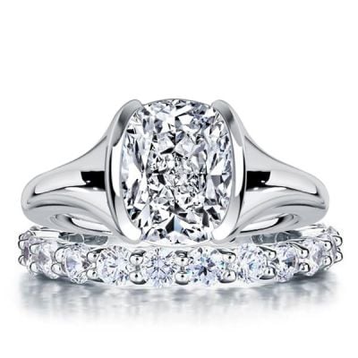 Italo Half-bezel Solitaire Cushion Cut Engagement Ring Sets For Women