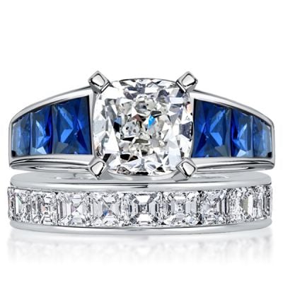 Italo Cushion Cut White & Blue Sapphire Engagement Ring Sets
