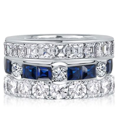 Italo Channel Round & Asscher Cut White & Blue Sapphire Stackable Band Set