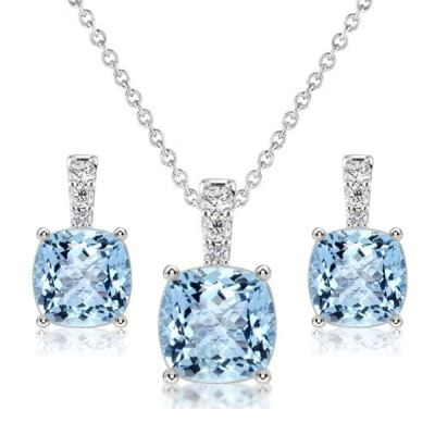 Italo Aquamarine Sapphire Cushion Cut Necklace & Earrings Jewelry Set