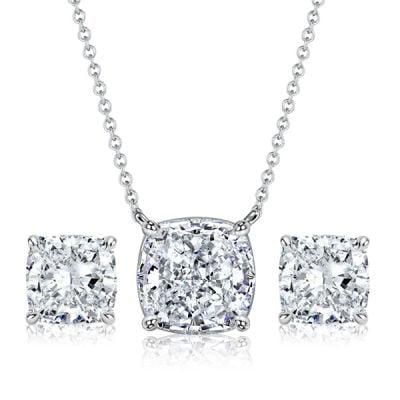 Italo Solitaire Cushion Cut Necklace & Stud Earrings Jewelry Set